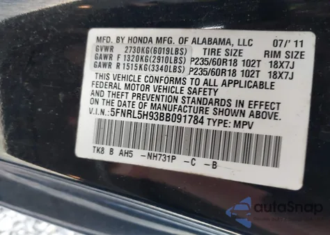 2011 Honda Odyssey Touring/Touring Elite from USA, damaged, VIN 5FNRL5H93BB091784
